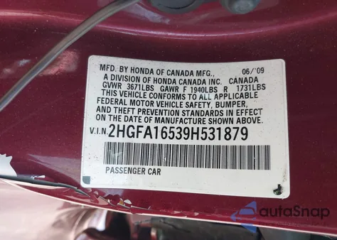 2009 Honda Civic Lx from USA, damaged, VIN 2HGFA16539H531879